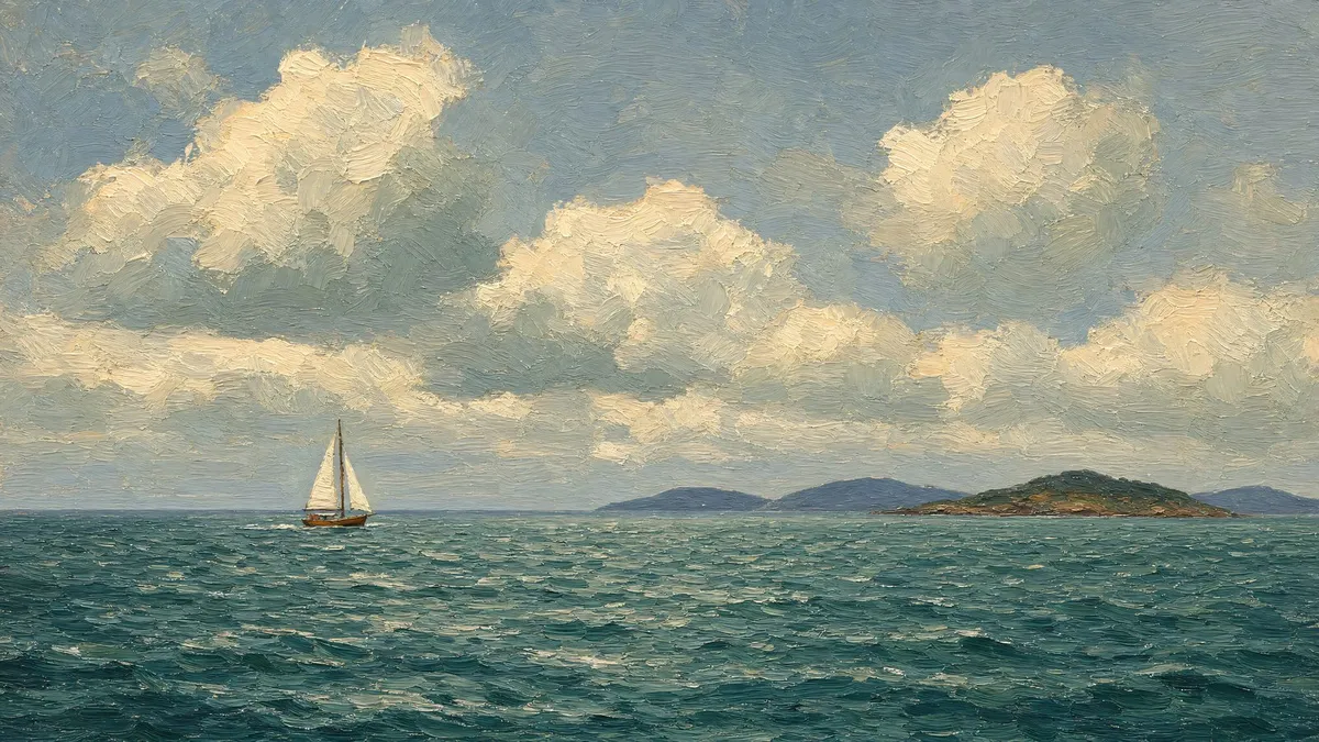 Small white-sailed boat on a distant horizon with low islands, under billowing clouds over a choppy teal sea