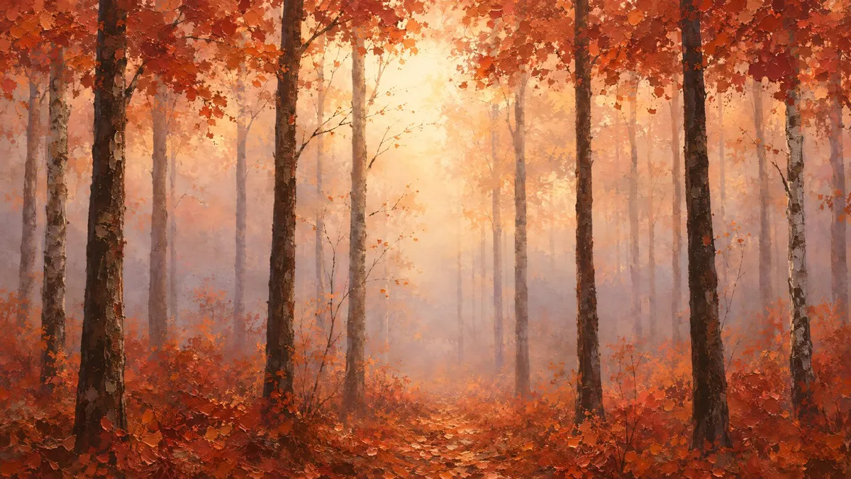 Misty Autumn Birch Forest shown on your frame