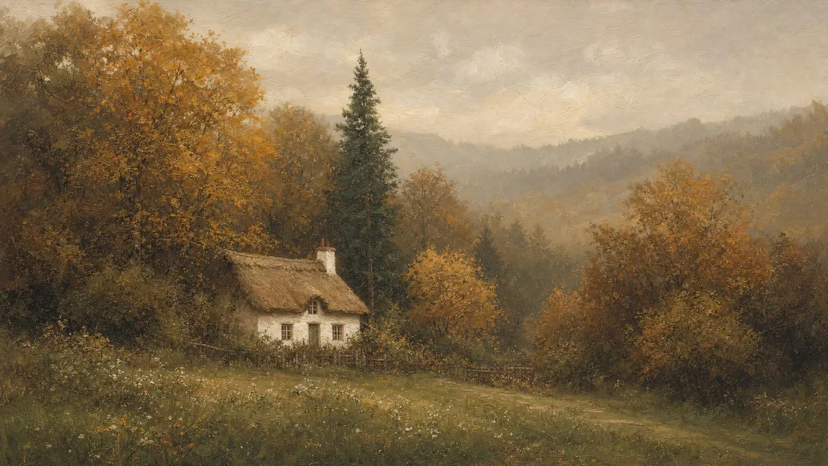 Moody Autumn Cottage Landscape shown on your frame