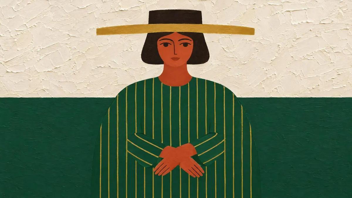 Folk-art figure in a dark flat-topped hat and emerald pinstriped robe, hands crossed, before an off-white and green ground