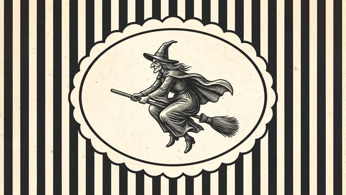 Vintage Witch Flying Striped Sketch shown on your frame