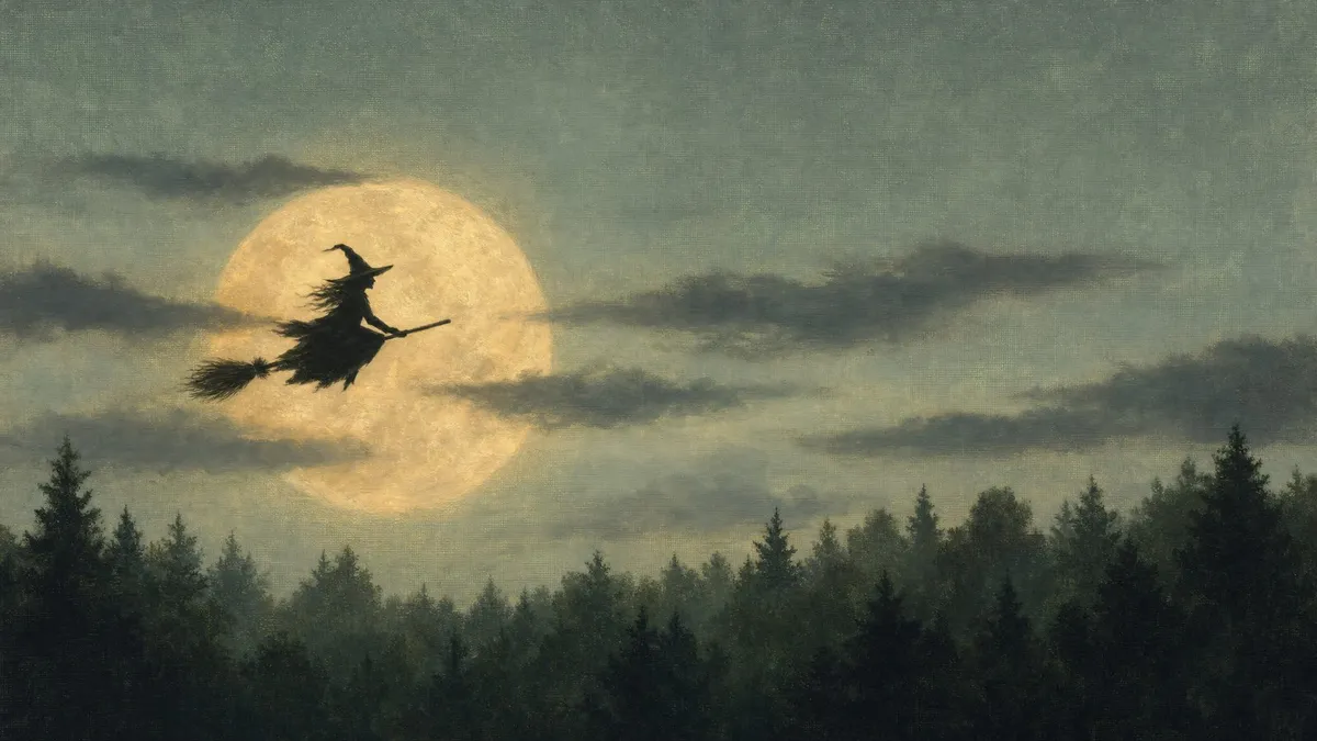 Silhouetted witch on a broomstick flying across a large full moon above a dark treeline and drifting clouds