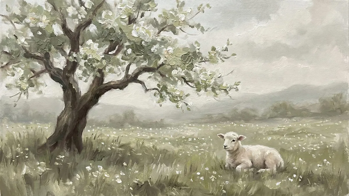 Vintage Lamb Meadow Blossom Tree shown on your frame