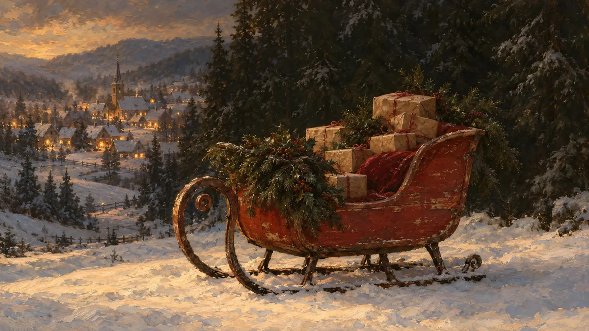 Vintage Christmas Sleigh Snowy Village shown on your frame