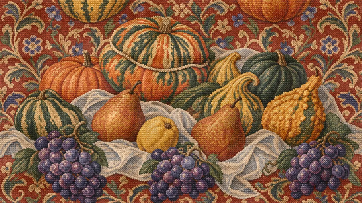 Needlepoint still life of pumpkins, striped gourds, pears and purple grapes on a crumpled cloth over a floral carpet