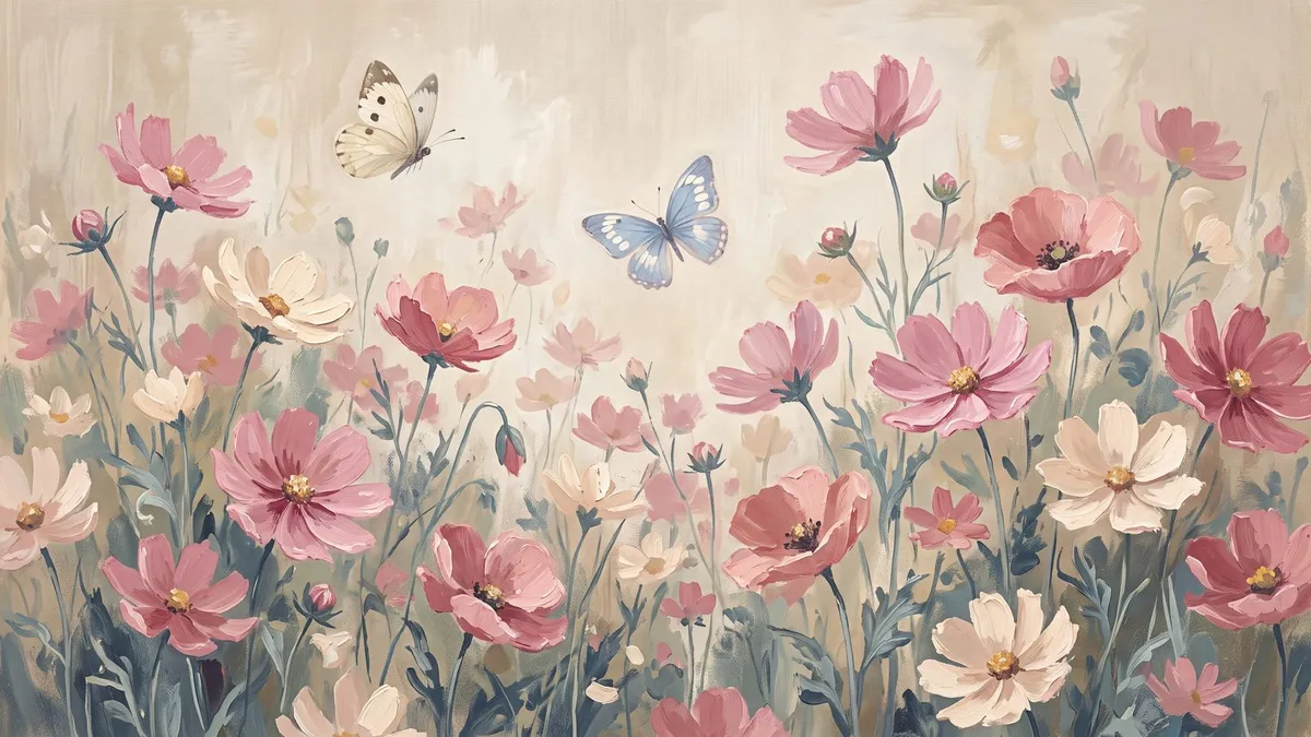 Pink and cream wildflowers with white Queen Anne's lace and two butterflies, one cream and one blue, in a meadow