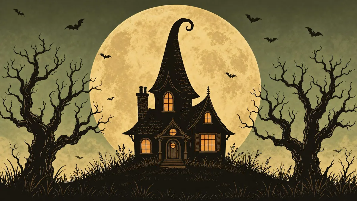 Haunted Witch Cottage Moon shown on your frame