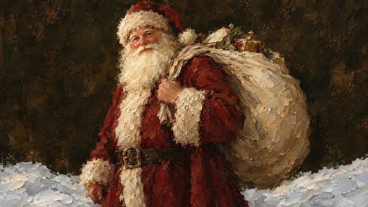 Vintage Santa Claus in a red coat carrying a sack of gifts through snow, painted in thick impasto oil