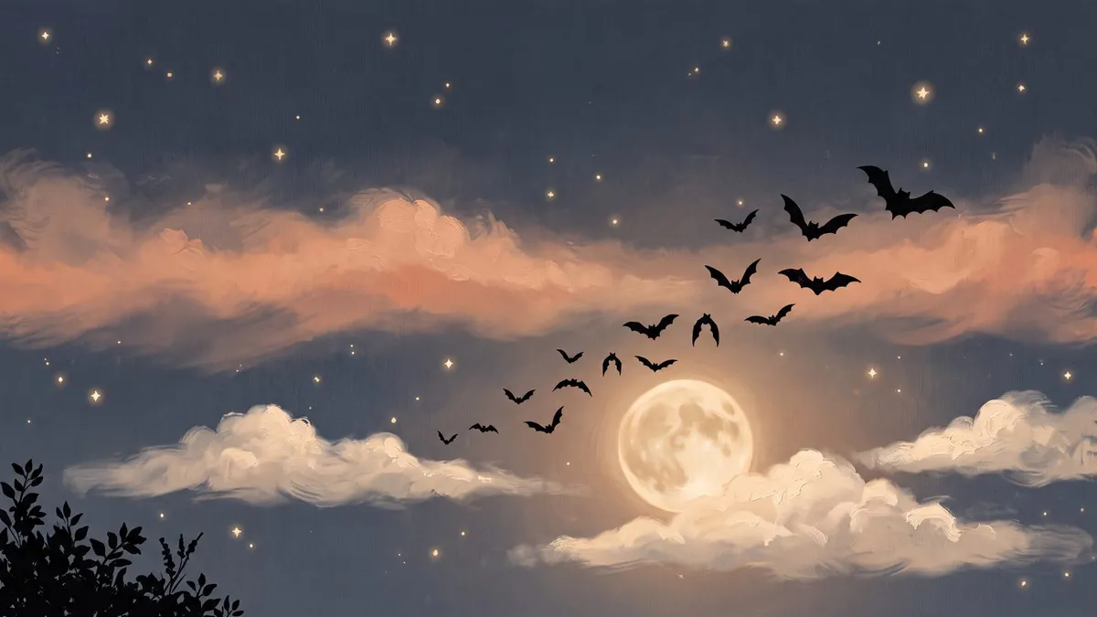 Silhouetted bats fly across a dusky peach and cream sky toward a large full moon, with small stars overhead