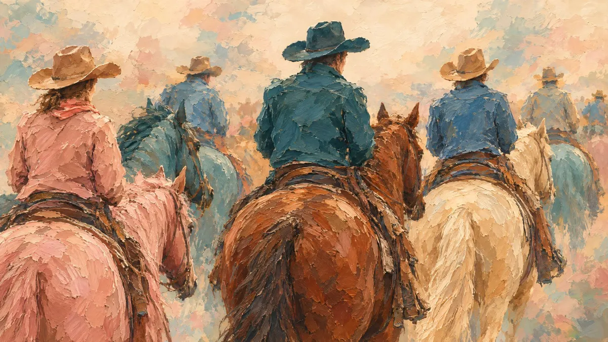 Cowboys on pastel pink, teal, chestnut and cream horses riding away from the viewer in a hazy painted landscape