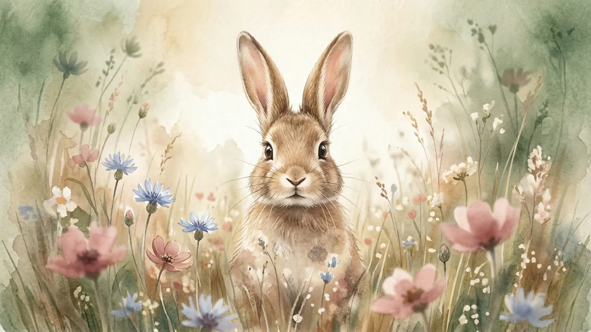 Watercolor Bunny Spring Meadow shown on your frame