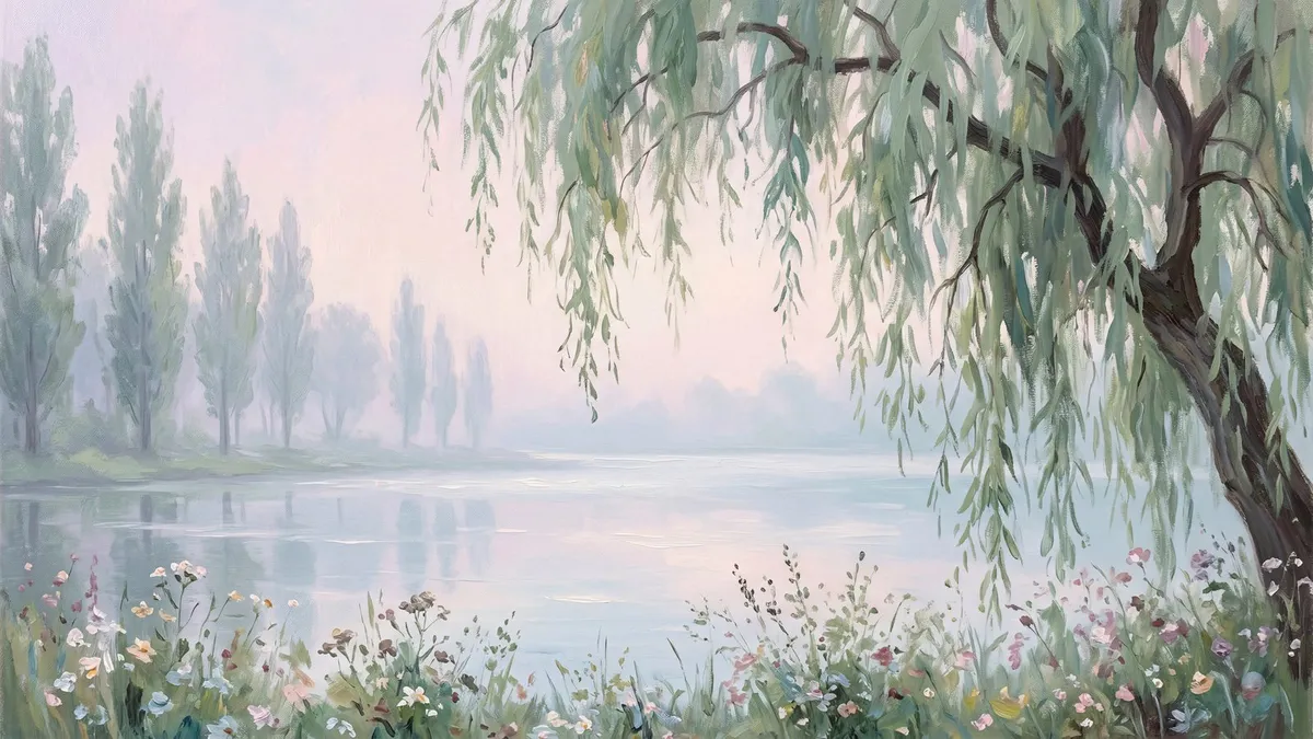 Weeping willow branches hang over a misty pink-lavender lake with poplars and wildflowers along the shore