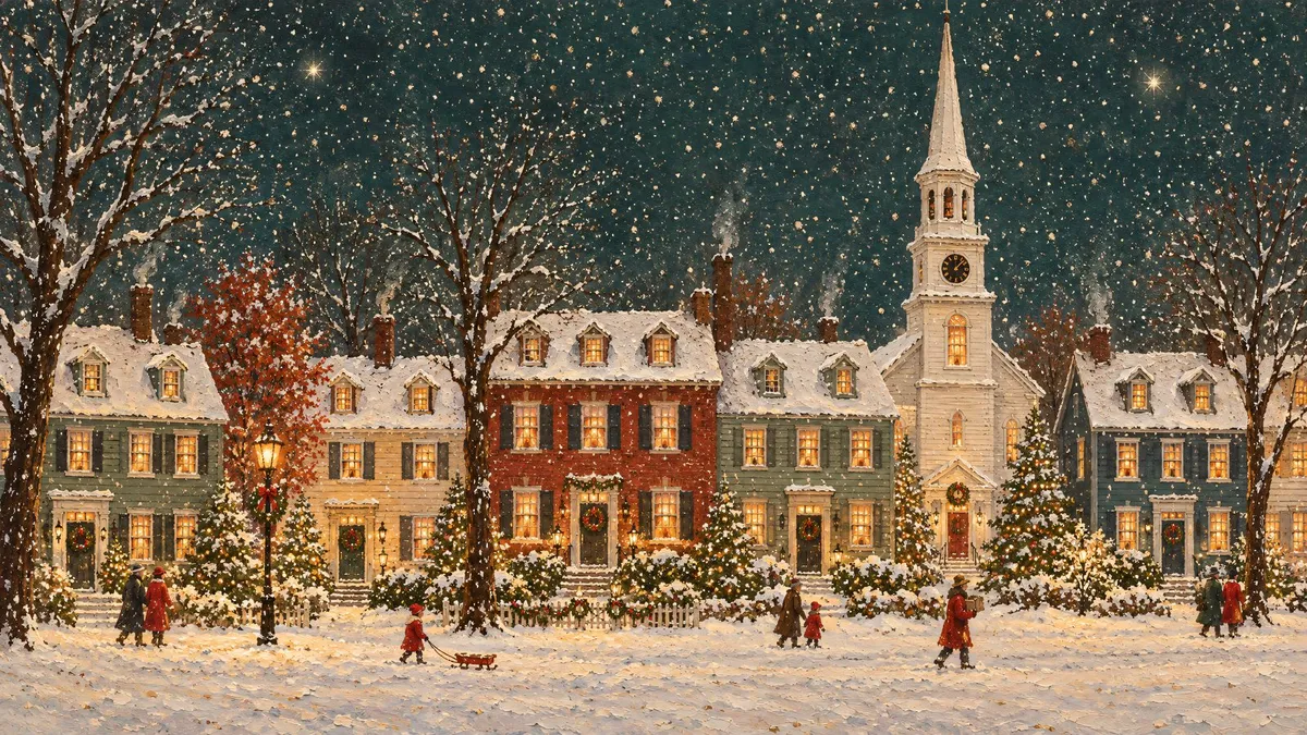 Snowy village street at night with colonial townhouses, a white clock-tower steeple and villagers in red coats