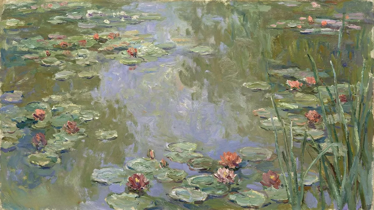 Impressionist pond of green lily pads and coral-pink water lilies, with reeds at right and a pale sky reflected