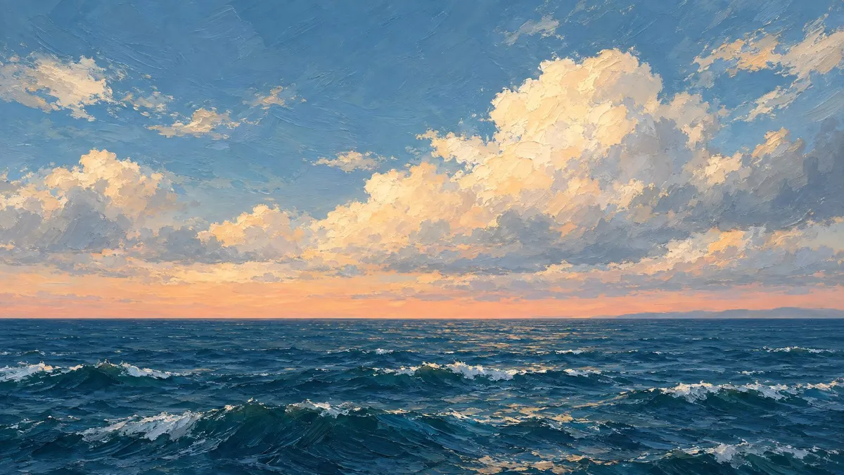 Open ocean at dusk with large sunlit clouds, whitecap waves and a pale peach band along the horizon