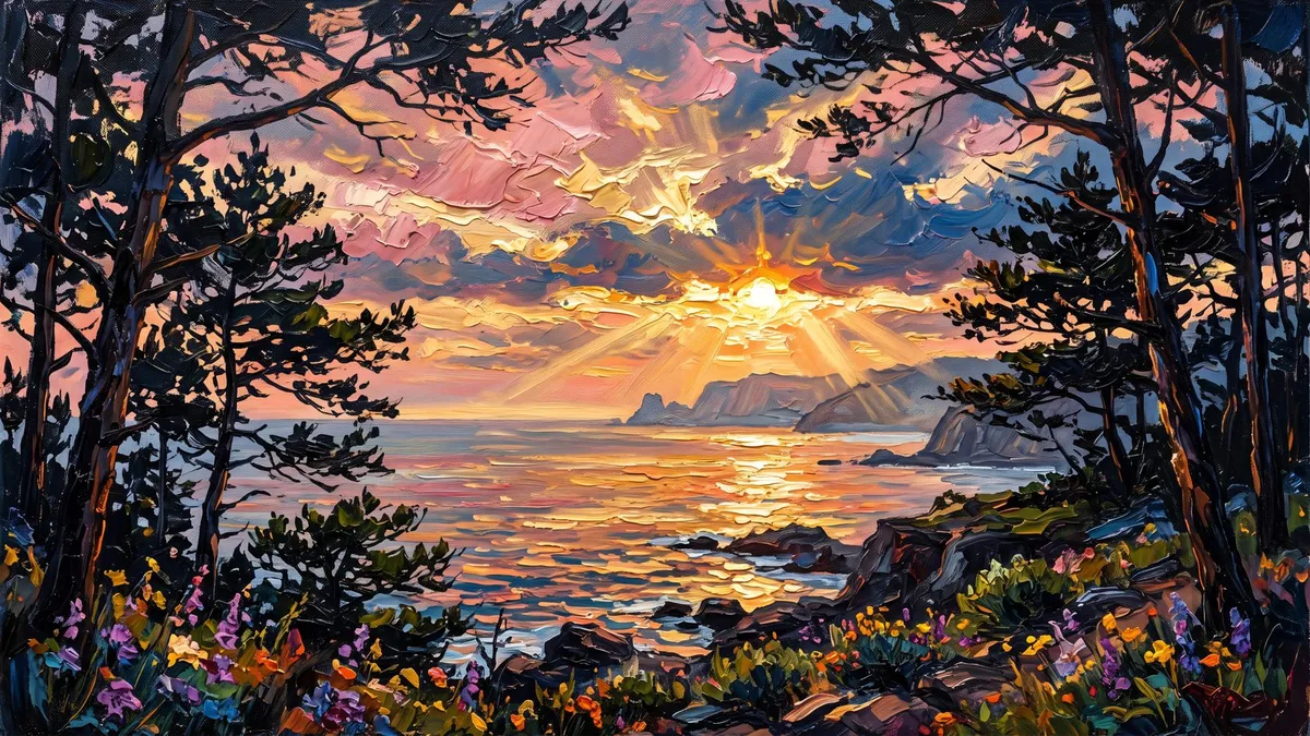 Impasto sunset seascape with golden sunbeams through clouds over calm water, framed by dark pine branches