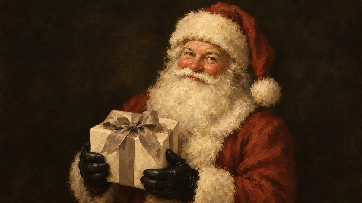 Painted portrait of a smiling Santa Claus in a red coat and fur-trimmed hat holding a gift box with a taupe ribbon