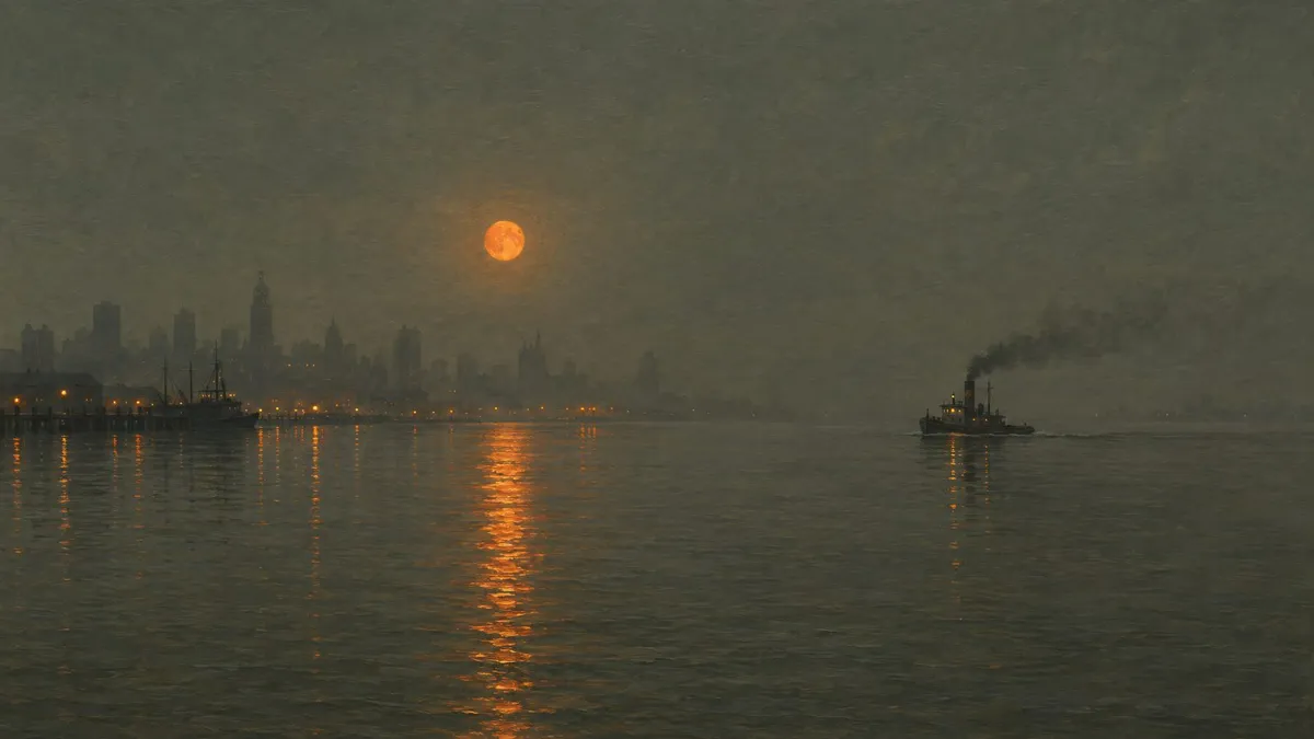 Orange moon low over calm river water, reflected in ripples, with a small tugboat and a hazy city skyline on the shore