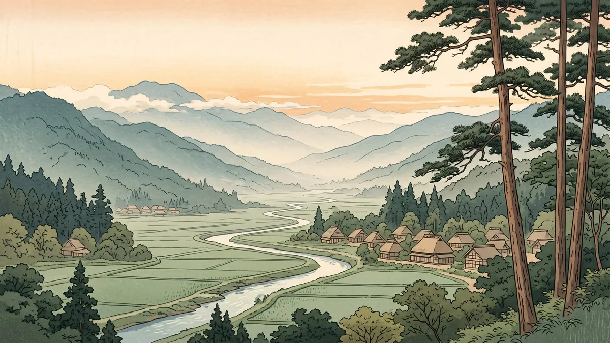 Japanese Mountain Valley Landscape shown on your frame