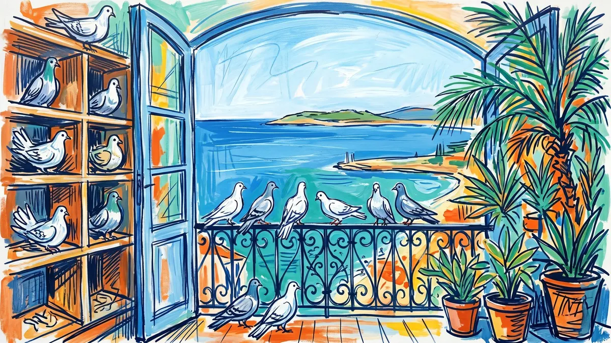 Pigeons on a wrought-iron balcony rail beside an open blue door, with a bay, headland and potted palms beyond