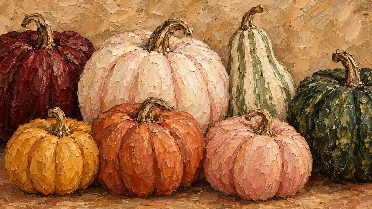 Eight heirloom pumpkins and gourds in burgundy, blush, ochre and terracotta, one tall striped gourd, on a tan background