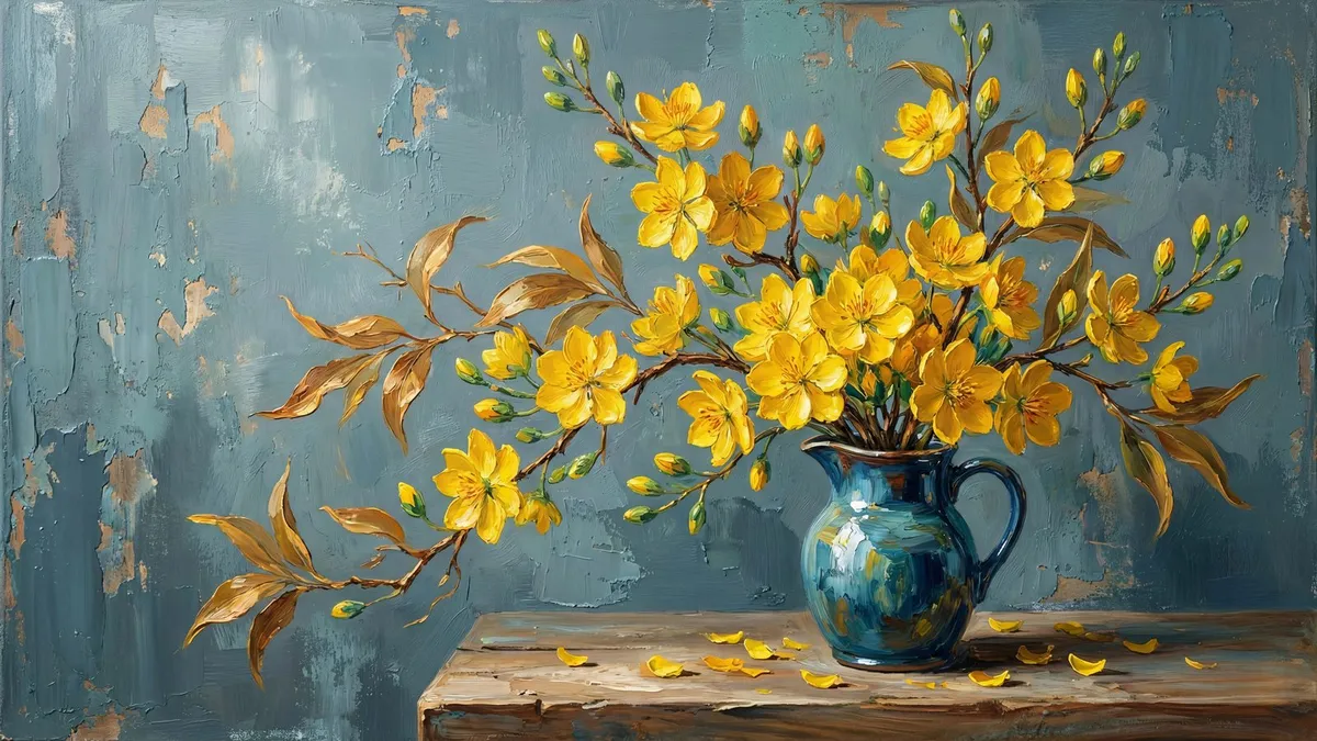 Yellow Spring Blossoms Still Life shown on your frame