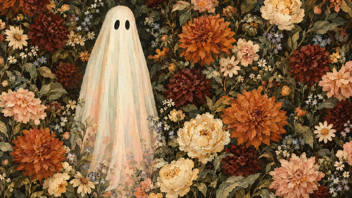 Pale sheet ghost with black eyes among orange, rust and cream dahlias and dark green foliage