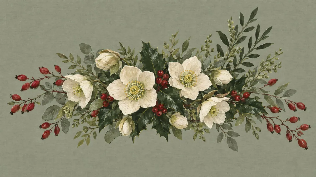 Winter Hellebore Holly Bouquet shown on your frame