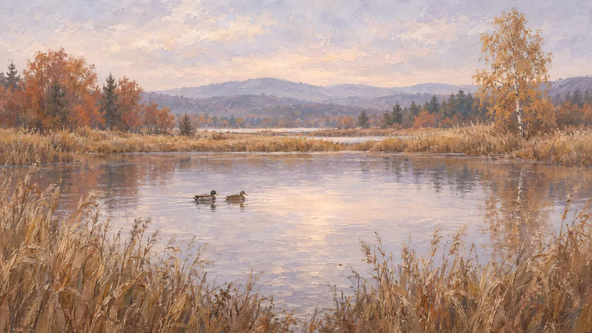 Two mallards float on a still pond ringed by golden reeds, with a birch, rusty trees and hazy blue hills beyond