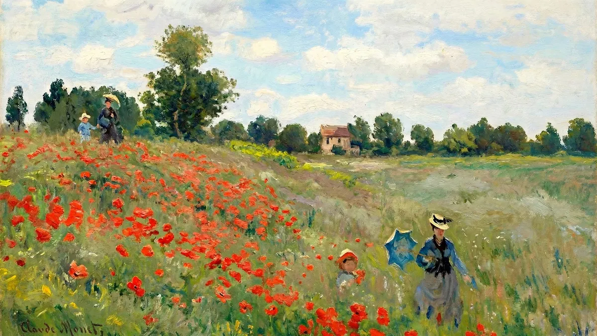 Poppy-covered hillside with women and children carrying parasols, a small house and trees under a cloudy blue sky