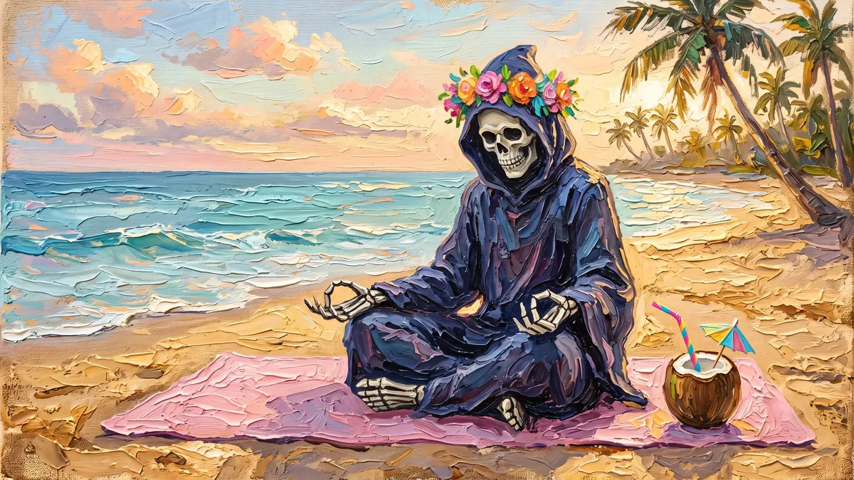 Hooded skeleton in a flower crown meditating on a pink towel by the sea with a coconut drink and palm trees