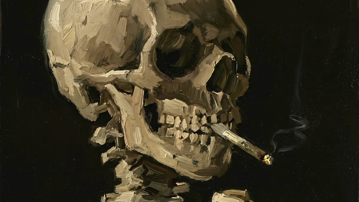 Painted skull with a lit cigarette in its teeth, thick ochre brushstrokes, thin smoke curling against a black background