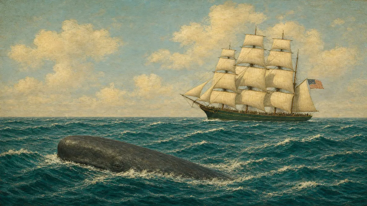 Three-masted whaling ship flying an American flag on teal waves with a sperm whale surfacing in the foreground