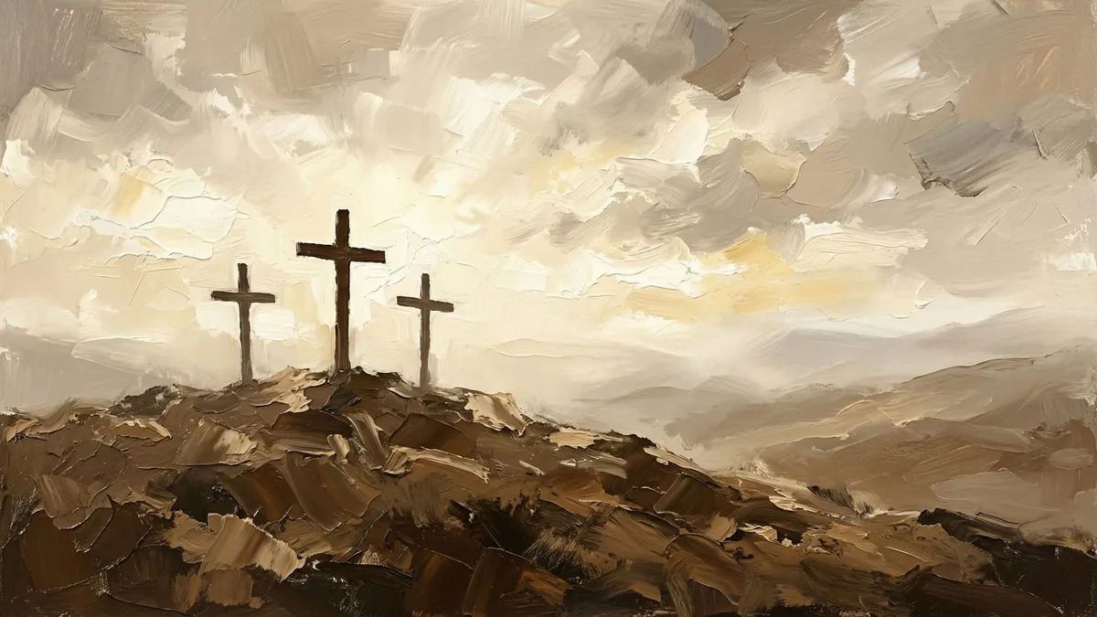 Three dark wooden crosses on a rocky hilltop beneath thick, swirling cream and grey clouds