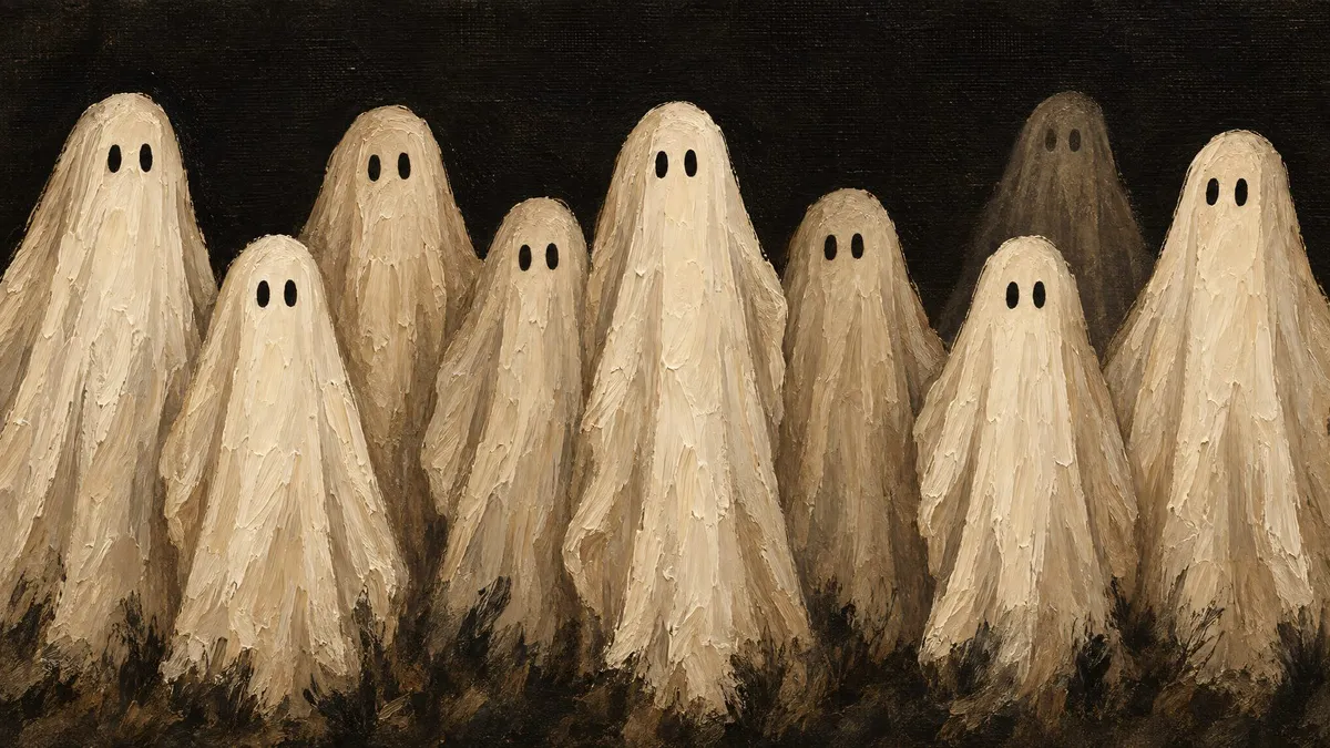Eight folk-art ghosts in draped sheets with black oval eyes standing shoulder to shoulder against a dark background