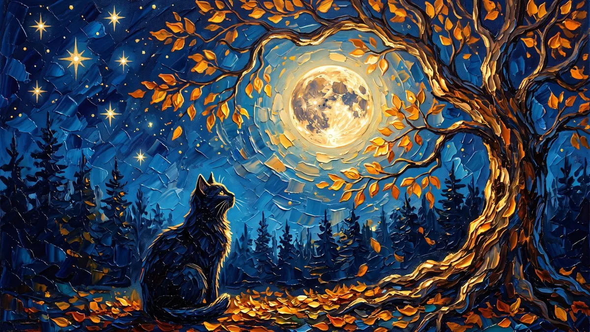 Black Cat Moonlit Autumn shown on your frame