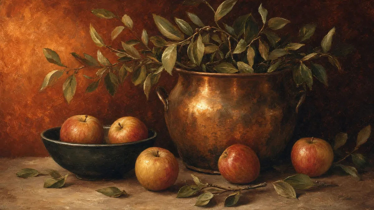 Copper Pot Apple Still Life shown on your frame