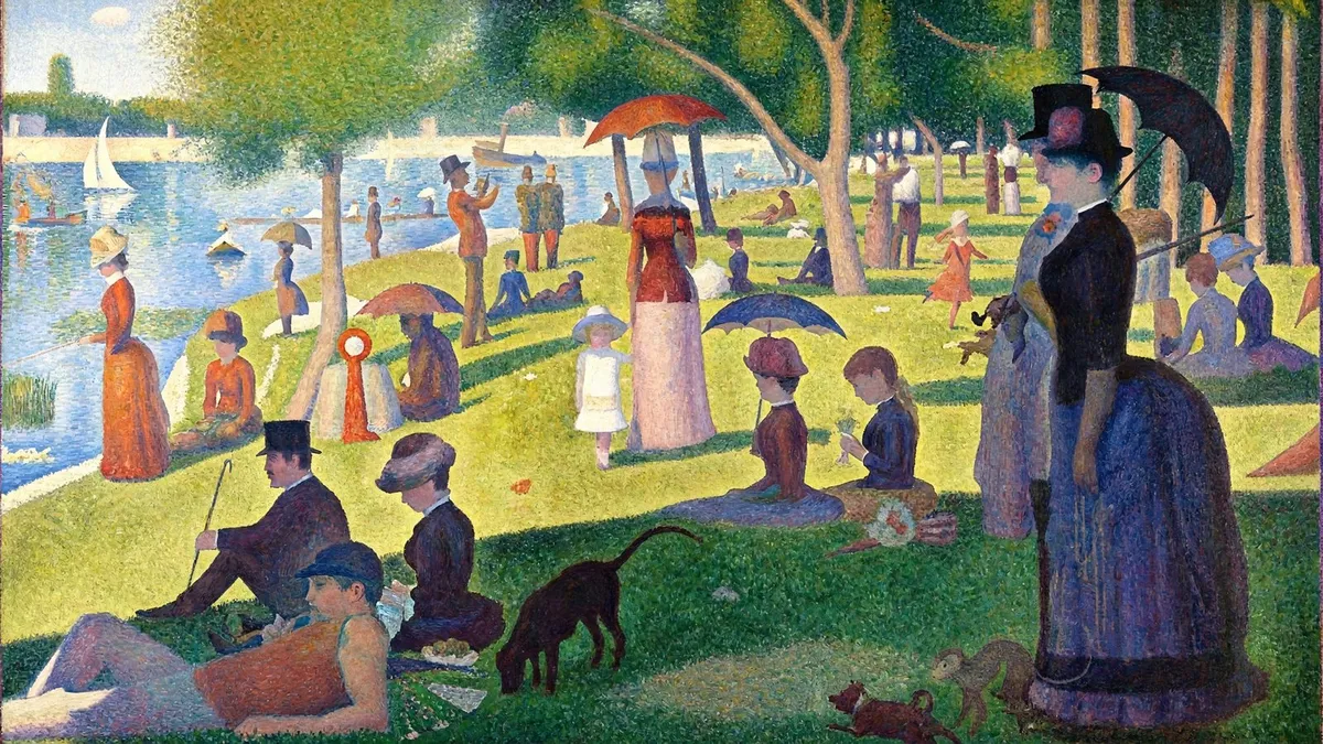 Parasol-carrying figures, a dog and a sailboat in a sunlit riverside park painted in tiny dots of colour