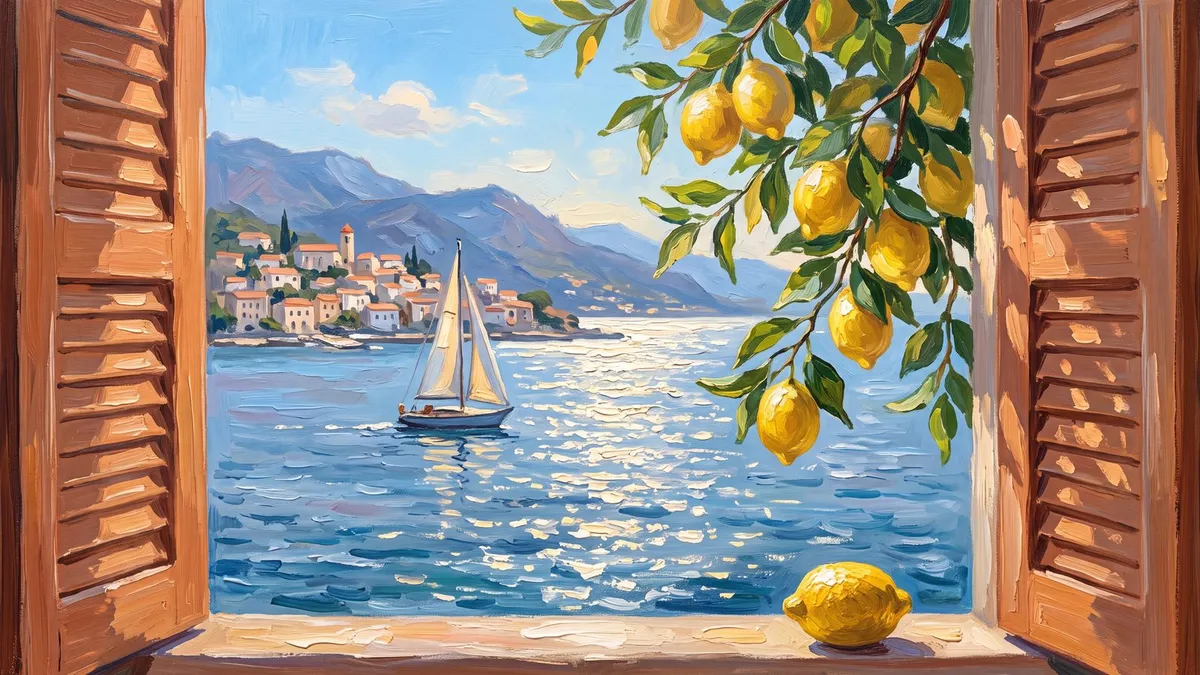 Open window with wooden shutters onto a blue sea, sailboat and hillside village, with lemons in the foreground