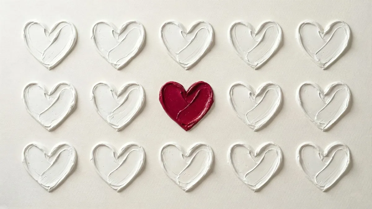Rows of white heart outlines in thick paint on a cream ground, with one filled crimson heart in the center