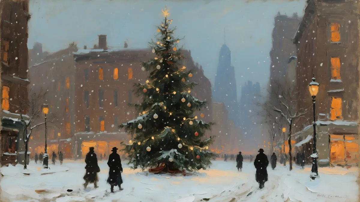 Vintage City Christmas Tree shown on your frame