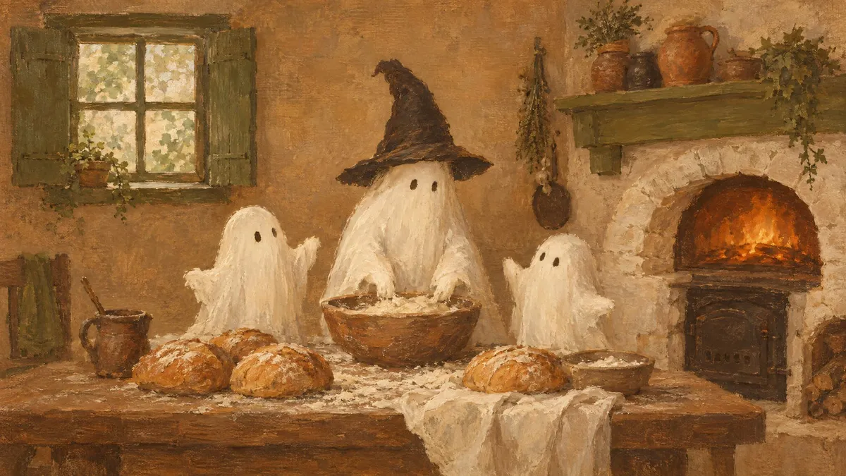Three small ghosts, one in a witch hat, around a floury table with bread loaves beside a glowing arched stone oven