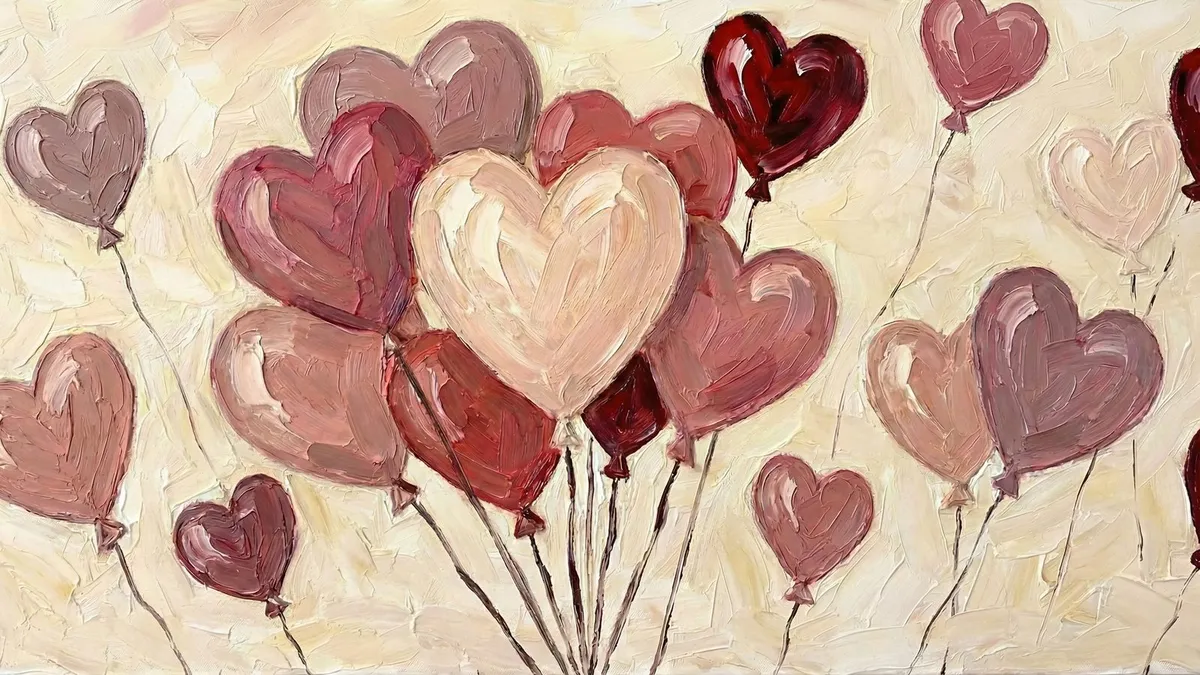 Bunch of pink, mauve and burgundy heart-shaped balloons on thin strings against a cream painted background