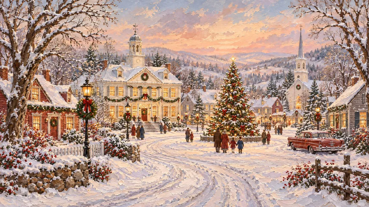 Snowy village square with a tall lit Christmas tree, colonial hall, cottages, church steeple and a red vintage car