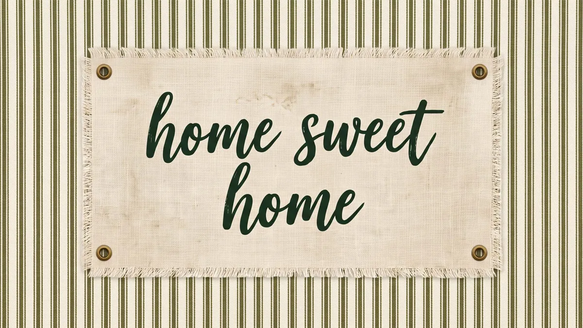 Frayed linen tag reading home sweet home in green cursive, pinned with brass studs to striped fabric