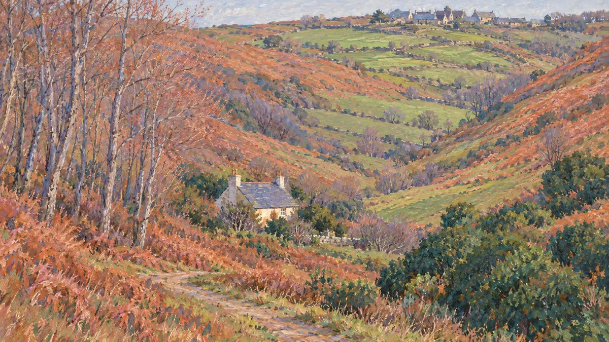 Cream stone cottage in an autumn valley of rust bracken, bare trees and terraced green fields