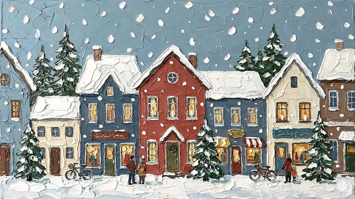 Snowy Village Street shown on your frame