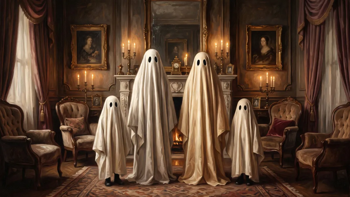 Four sheet ghosts in a candlelit Victorian room with a fireplace mantel, gilded frames and draped curtains