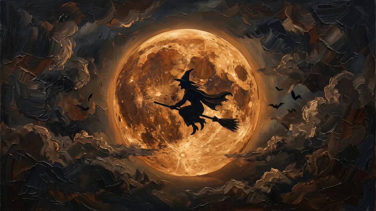 Witch on a broomstick silhouetted against a huge glowing orange full moon, with bats and dark clouds