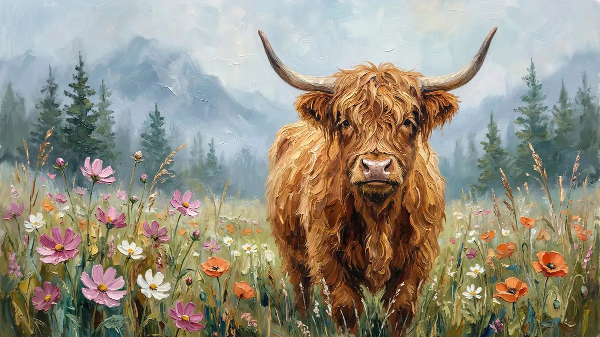 Highland Cow Meadow shown on your frame